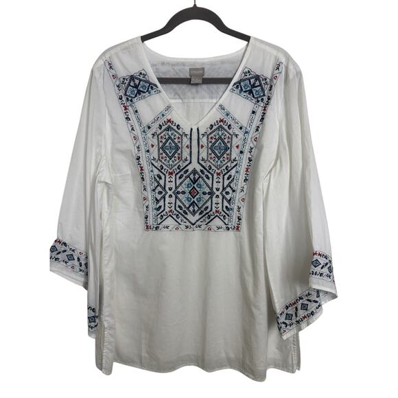 Chico’s White Embroidered 3/4 Sleeve Tunic Top Size 3 XL 16/18 Boho Cotton - Picture 1 of 8